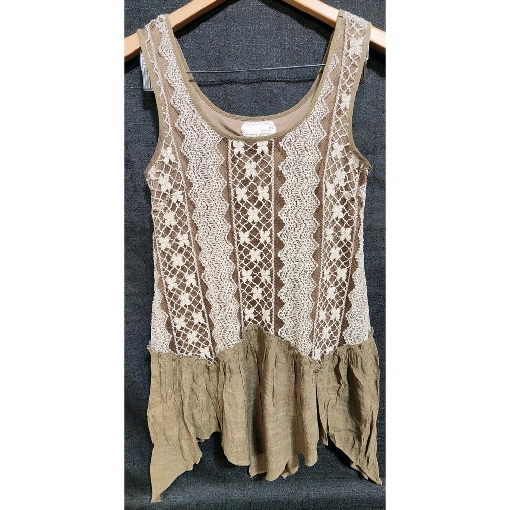 A'Reve Brown Tan Cream Ruffle Lace Tunic Tank Size Small Bohemian Hippy Chic EUC
